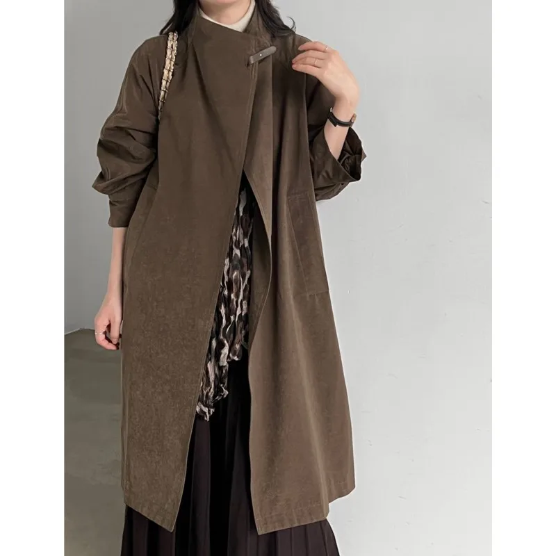 Johnature New British-style Stand-collar Long Trench Coat For Women Autumn Loose Casual Simple Comfortable Trench Coats
