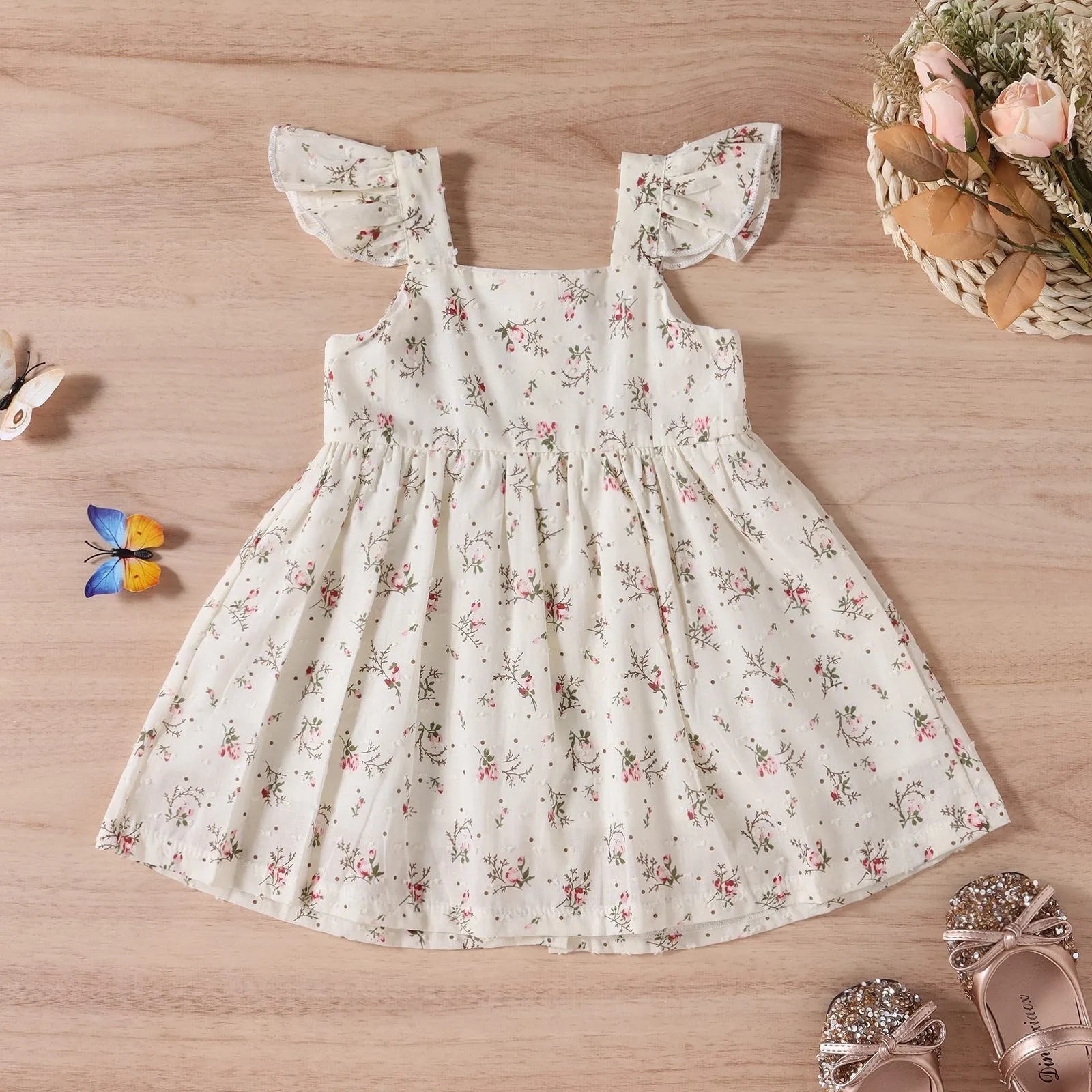 Toddler Kids Girl's Fashion Fragmented Flower Print Sundress Button Ruffle Shoulder Waist Wrap Fresh Skirt Summer Girl Dress