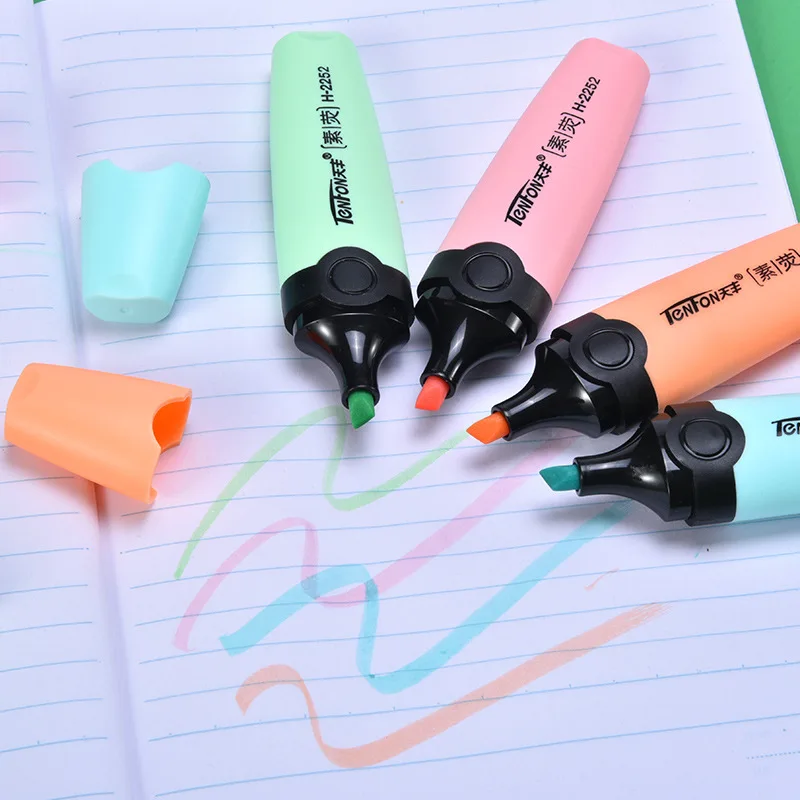 6 Pcs/set Pastel  Flat Single Head Light Color Oblique Drawing Highlighters Fluorescent Pen Markers for School Gift Stationery