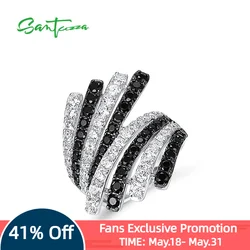 SANTUZZA Silver Rings For Women Pure 925 Sterling Silver Sparkling Black Spinel White CZ Feather Ring Glamorous Fine Jewelry