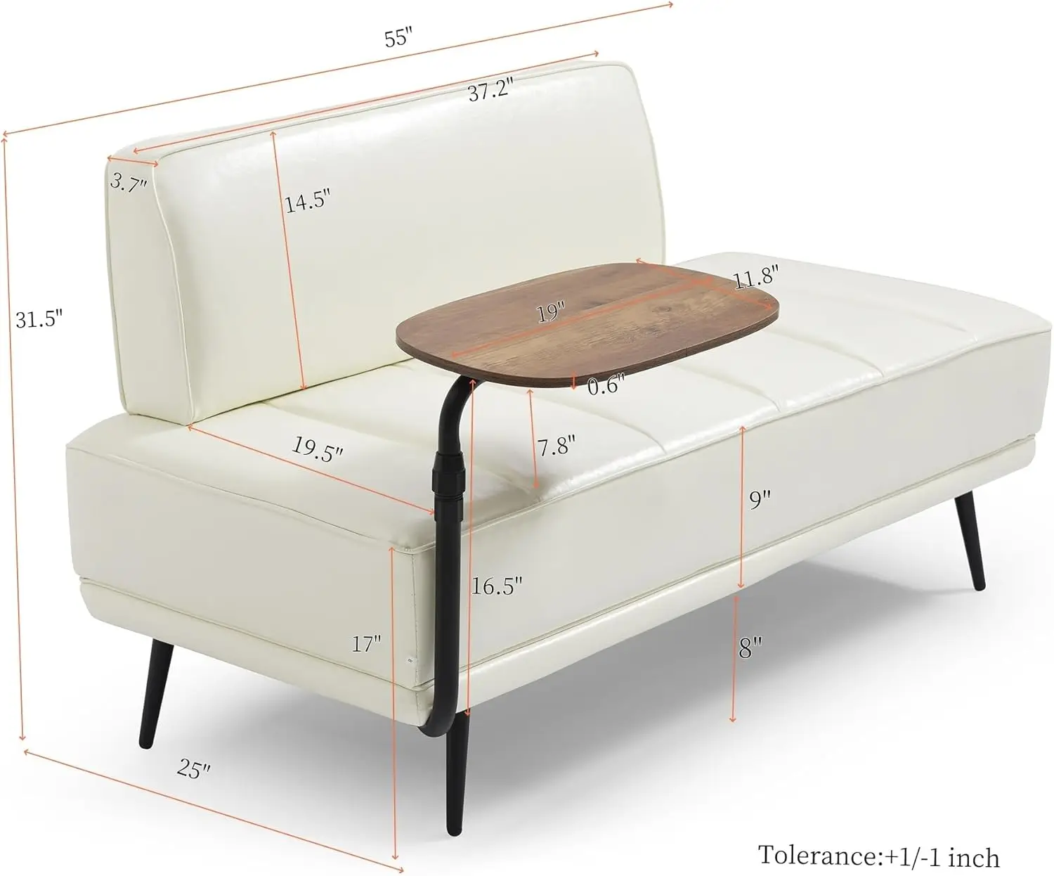 Modern Upholstered End of Bed Bench with 360-Degree Swivel Tray 2 Seater Sofa Couch with Side Table Settee Bench with Metal Legs