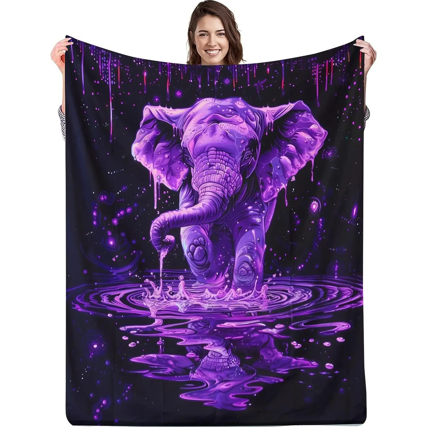 Ultra Soft Flannel Throw Blanket Purple Elephant Pattern on Black Background For Sofa Bedroom Office Valentine's Day Gift