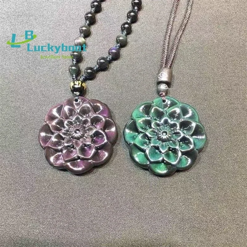1pc Natural rainbow obsidian eye carving Rose flower pendant + Bead Chain amulet Jewelry necklaces women