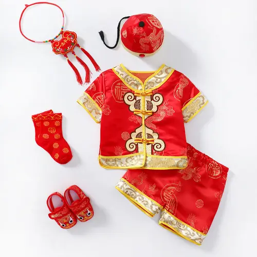 Imagen 2 del producto Traje Tang para niños, ropa de fotografía, disfraz tradicional chino de Año Nuevo, sombrero Hanfu para bebé recién nacido, pantalones cortos de manga corta para niños