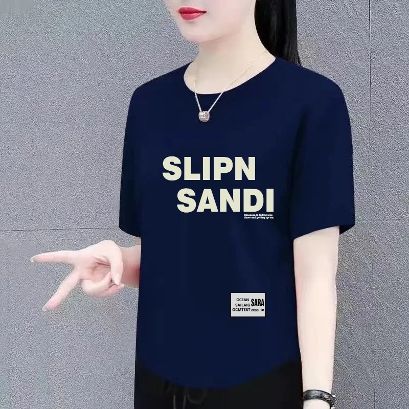 Loose Asymmetric Short Sleeve T-Shirt Women's Fashionable Summer Top Mommy's Wardrobe Creative Pattern Korean Style