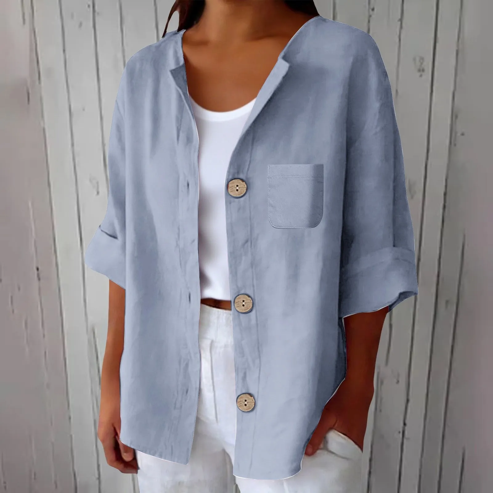 Loose Fit No Collar Shirt with Pocket Detail Japanese Korean Casual Women Blouse Spring Single Row Multiple Buttons No Stretch
