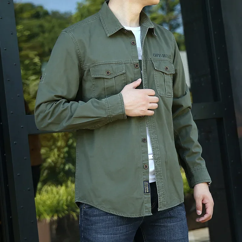 

2023 New Outdoor Casual Long Sleeve Shirt for Men's Four Seasons Loose Solid Color Large Fat Cardigan Shirt