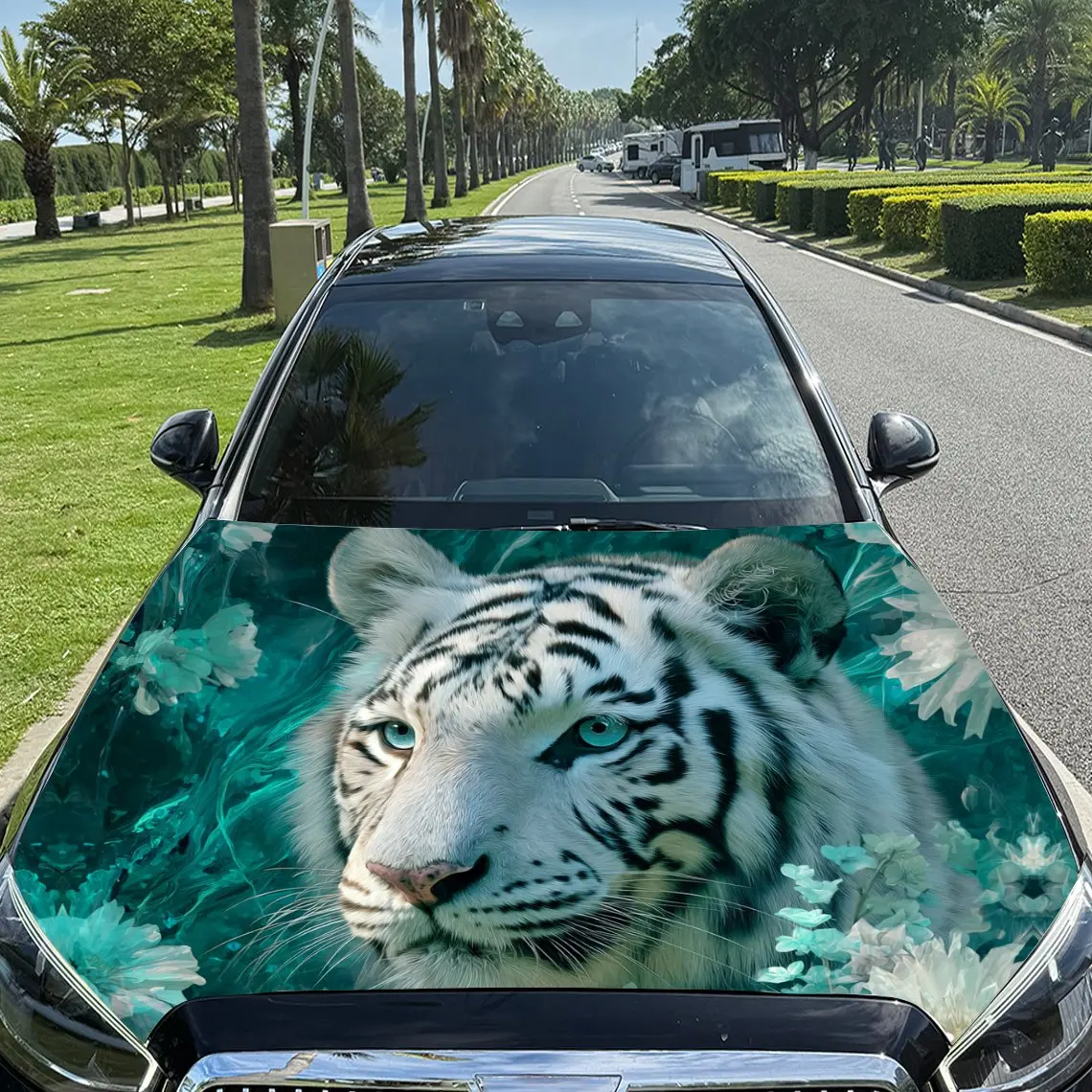 

Белый тигр в бирюзовой цветочной сценке, автомобильная виниловая пленка, материал ПВХ, водонепроницаемая наклейка на капот автомобиля, самоклеящаяся устойчивая к царапинам