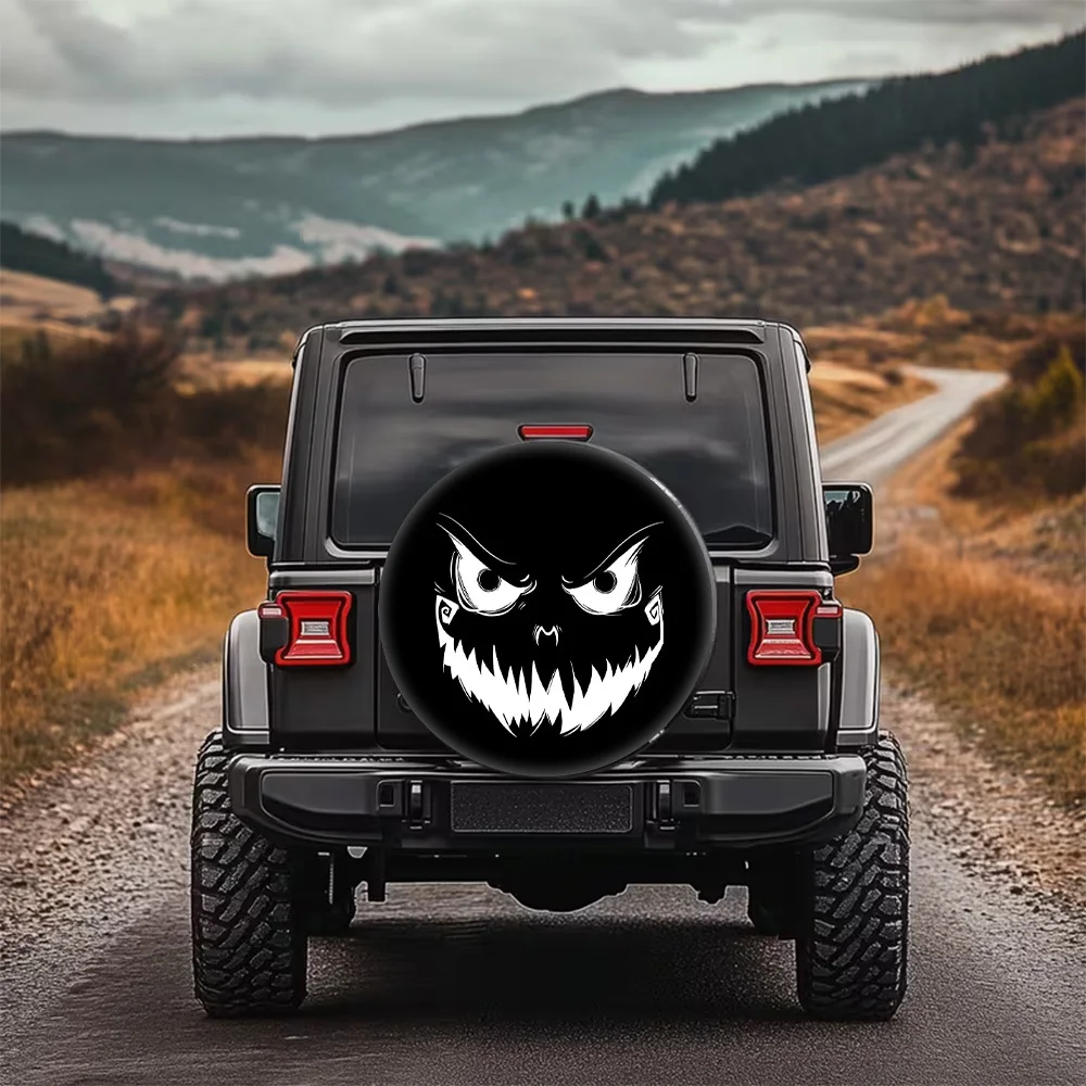 1pc, Dark Style Demon Face Print Pattern Car Tire Cover, Fashionable Universal Wheel Hub Protector, Spare Tire Protection, Uniqu
