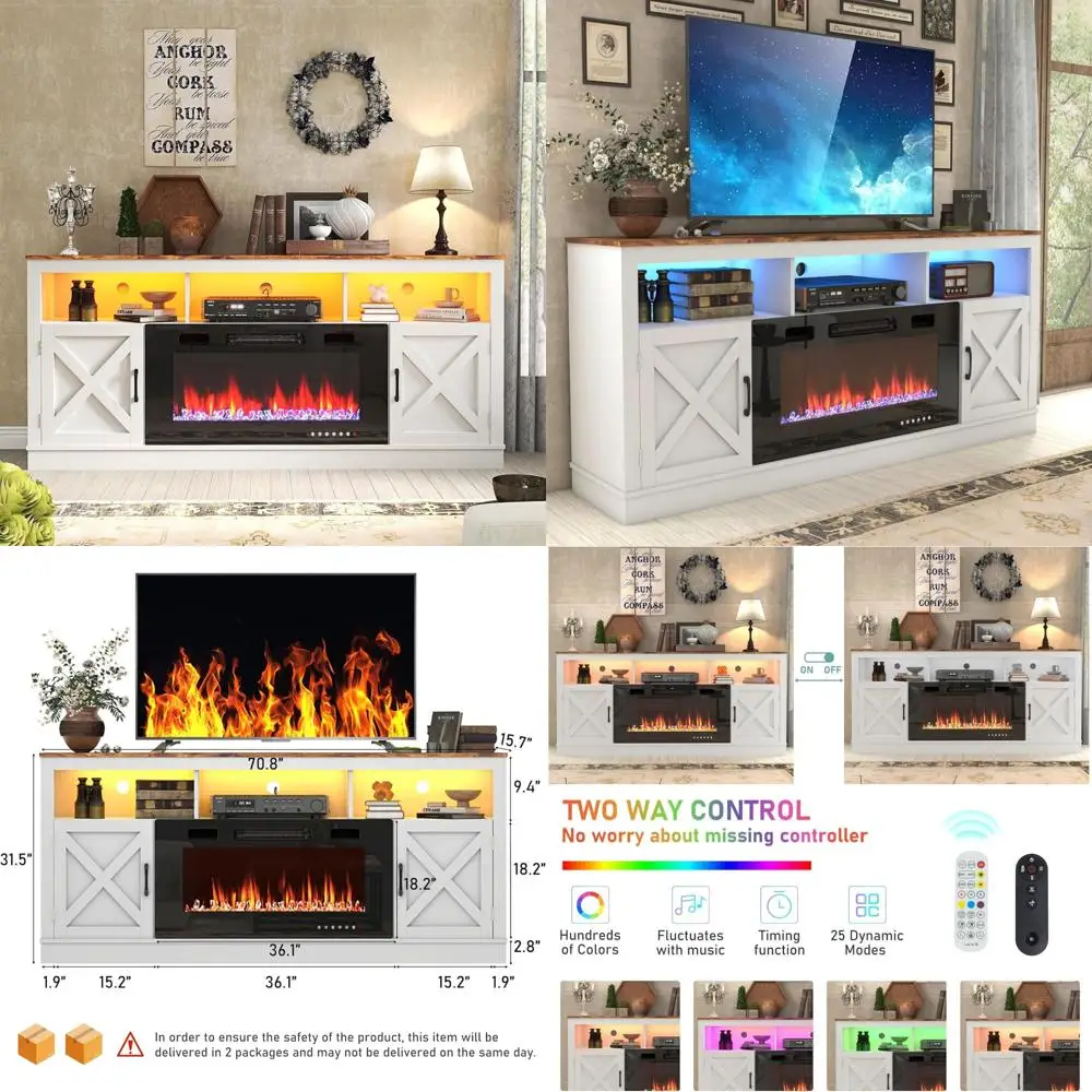 70-80 Inch TV Farmhouse Style Fireplace Entertainment Center with 36 Electric Fireplace and LED Lighting