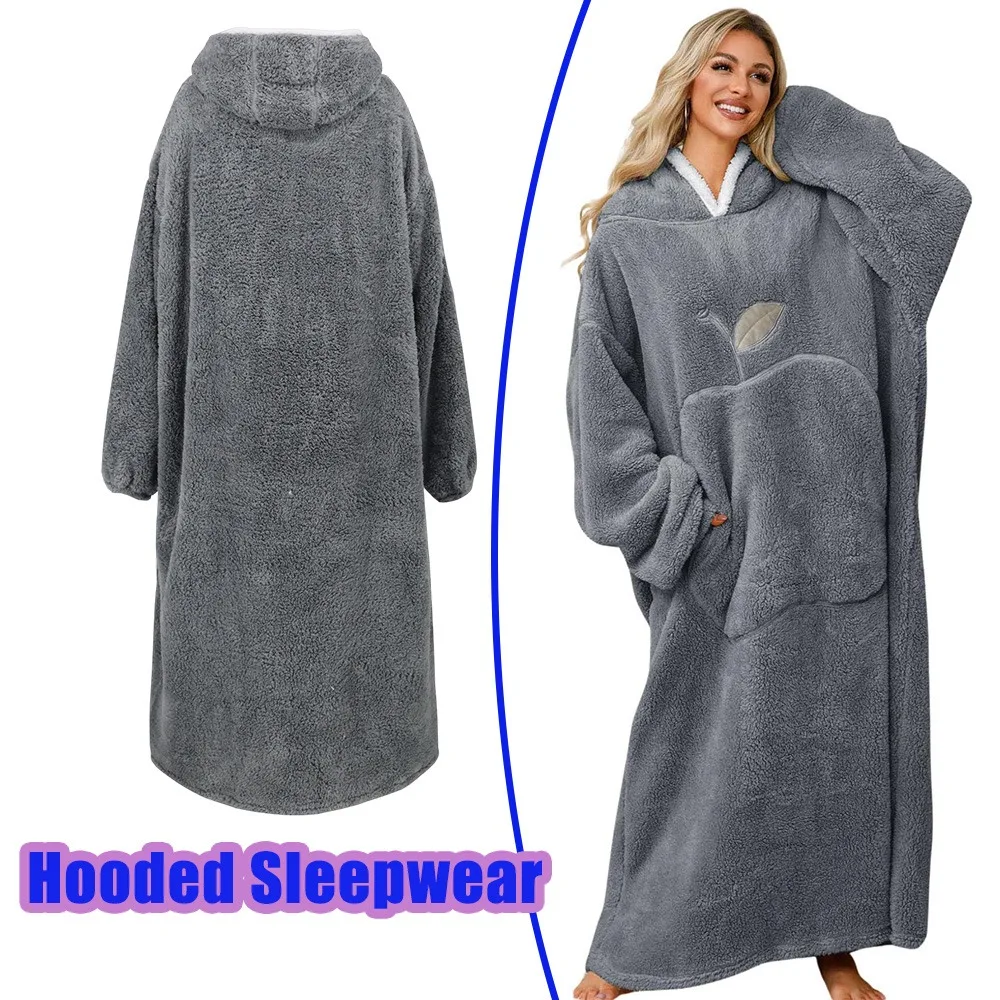 Women Hooded Sleepwear Wearable Blanket Double Sided Sherpa Fleece Long Sleeve Loungewear Pajamas Robe Winter Gifts Homewear
