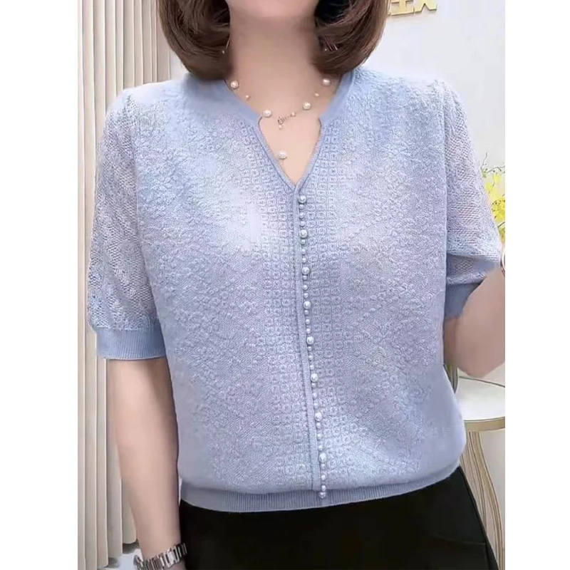 Women Fashion Jacquard Beaded Chic Short Sleeve Ice Silk Knitted T-shirt Summer Ladies Elegant V Neck Loose Solid Pullover Tops