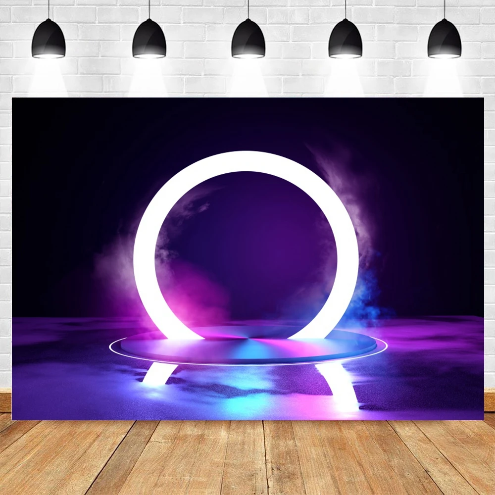 Neon Lights Stage Photography Backdrop Futuristic Electronic Aperture Smog Stage 80\'s 90\'s Disco Party Background Photo Studio