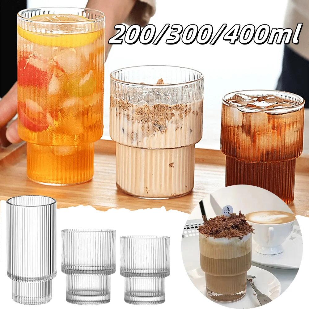 Tazas de café de cristal a rayas, transparentes, para el hogar, fiesta, Bar, café helado, batidos, cócteles, jugo, leche, 200/300/400ml, 1 Uds.