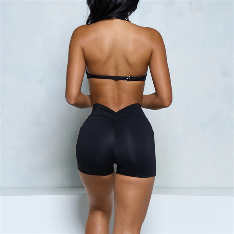 Femmes Bum Double sangle froissé licou soutien-gorge et ensemble court soutiens-gorge ensembles sport Leggins en plein air Yoga pantalon décontracté entraînement entraînement