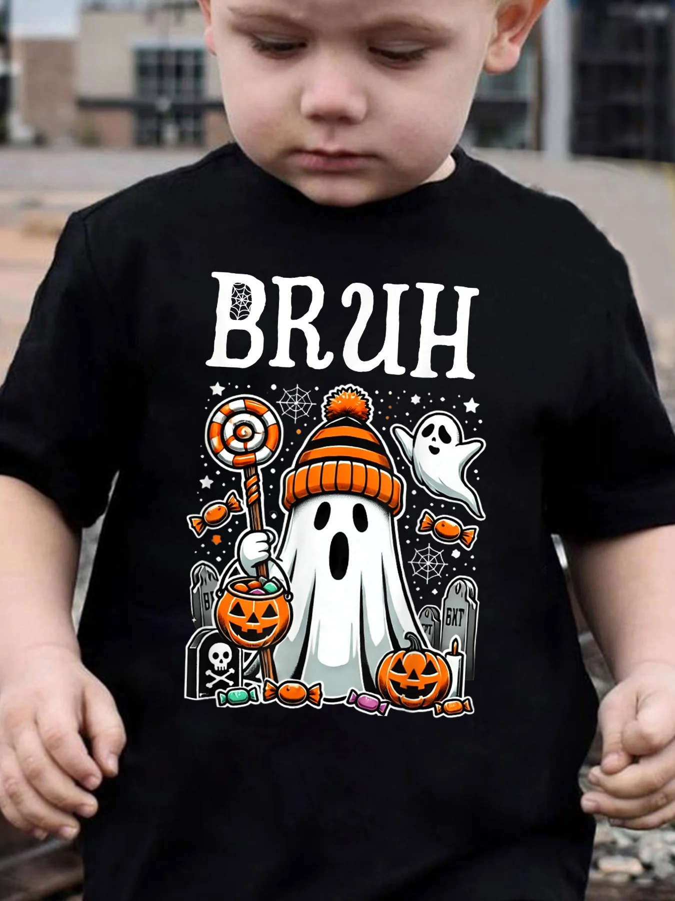 Kids Boys Girls Family Matching T Shirt Bruh Halloween Ghost Pumpkin Candy Spider Web Graphic Print Short Sleeve Crew Neck Tops