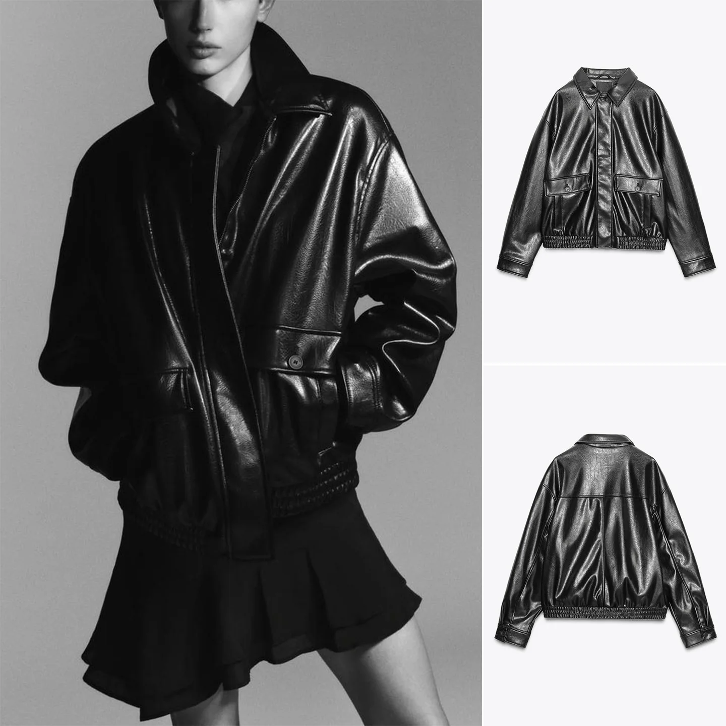 خريف جديد المرأة طويلة Sve بولي Leather الجلود الطيار Jaet معطف كيت مزين بدوره إلى أسفل طوق ملابس خارجية تخفيف Sle فضفاضة تناسب