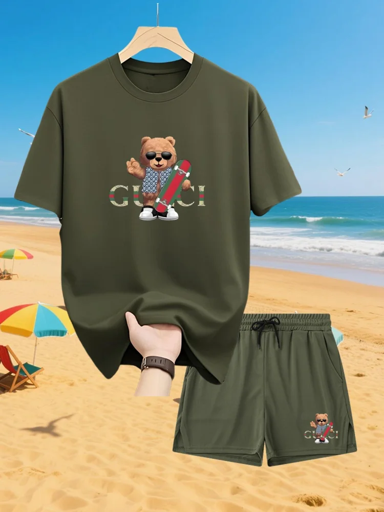 

2025 Summer NewEuropean And American MEN'S Short-Sleeved Shorts Suit MEN'S Casual T-Shirt Suit Running Fitness Two-Piece Suit