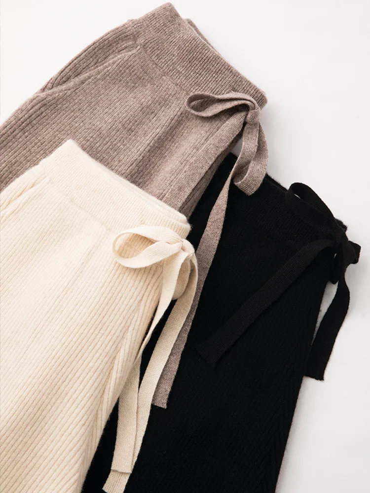 

New Autumn Winter Women' s Wool Side Pocket Wide Leg Pants 100% Merino Wool Vertical Knit Pants Chic Office Lady Pants ﻿
