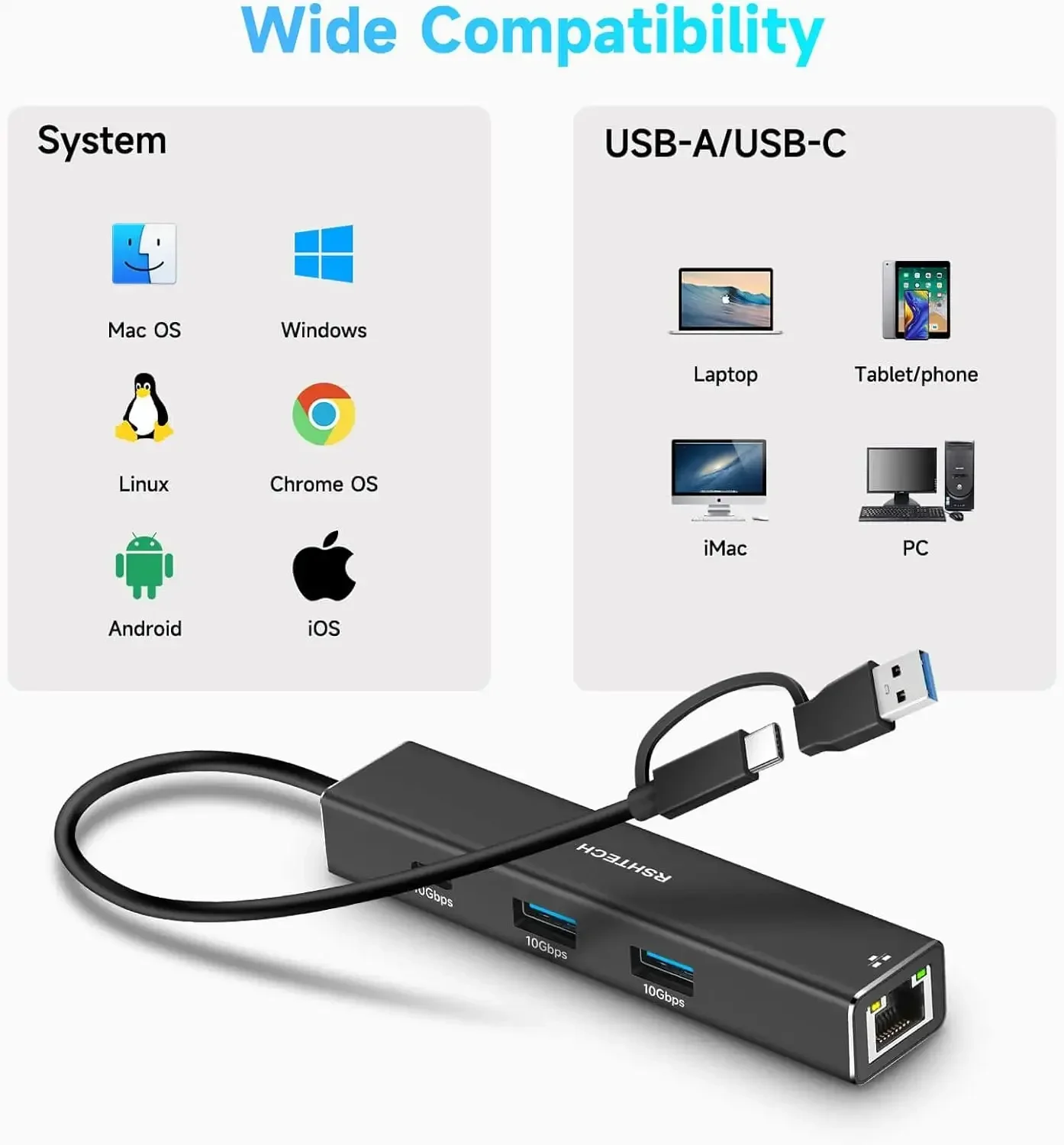 RSHTECH USB C To Ethernet Adapter Aluminum 4-Port 10Gbps Hub with 1000Mbps RJ45 Network Port USB Splitter for MacBook Pro Laptop