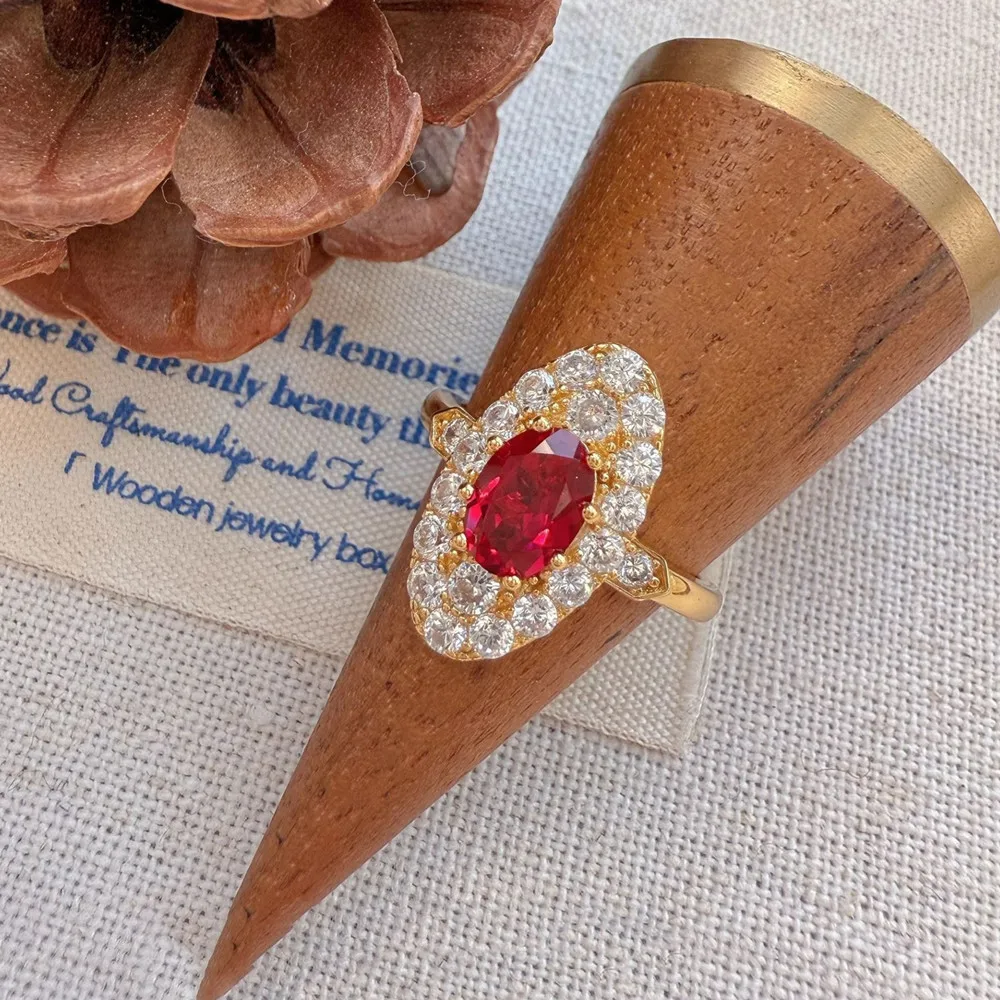 Vintage Shield Shape Red Ruby Gemstones Full 5A Zircon Diamonds Rings for Women 18K Gold Filled Silver Chic Finger Bands Trendy 4
