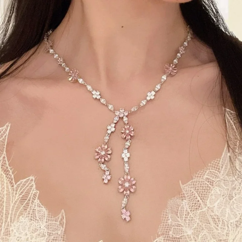 Bellux High Quality 925 Sterling Silver Pink Flower Zirconia Gemstones Necklace For Women Party Wedding Fine Jewelry Wholesale