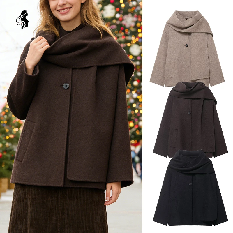 

Autumn And Winter Wool Wrap Scarf Collar Short Coat For Women Single Breasted Niche Design Commuter Coat Women Winter Coats