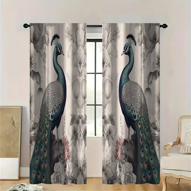 

2 шт. элегантные шторы в виде павлина с карманом для стержня, прозрачная светофильтрующая ткань, восточный фон для рисования тушью для гостиной