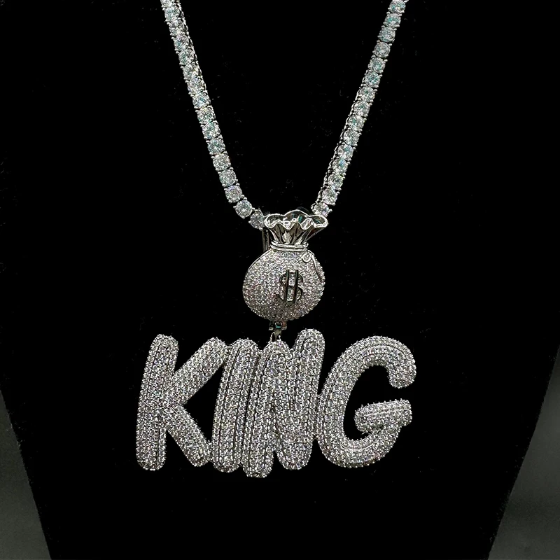 Aokaishen Custom Name Necklace for Men Money Bag Bail Iced Out Personalized Pendant Prong Setting Hip Hop Jewelry