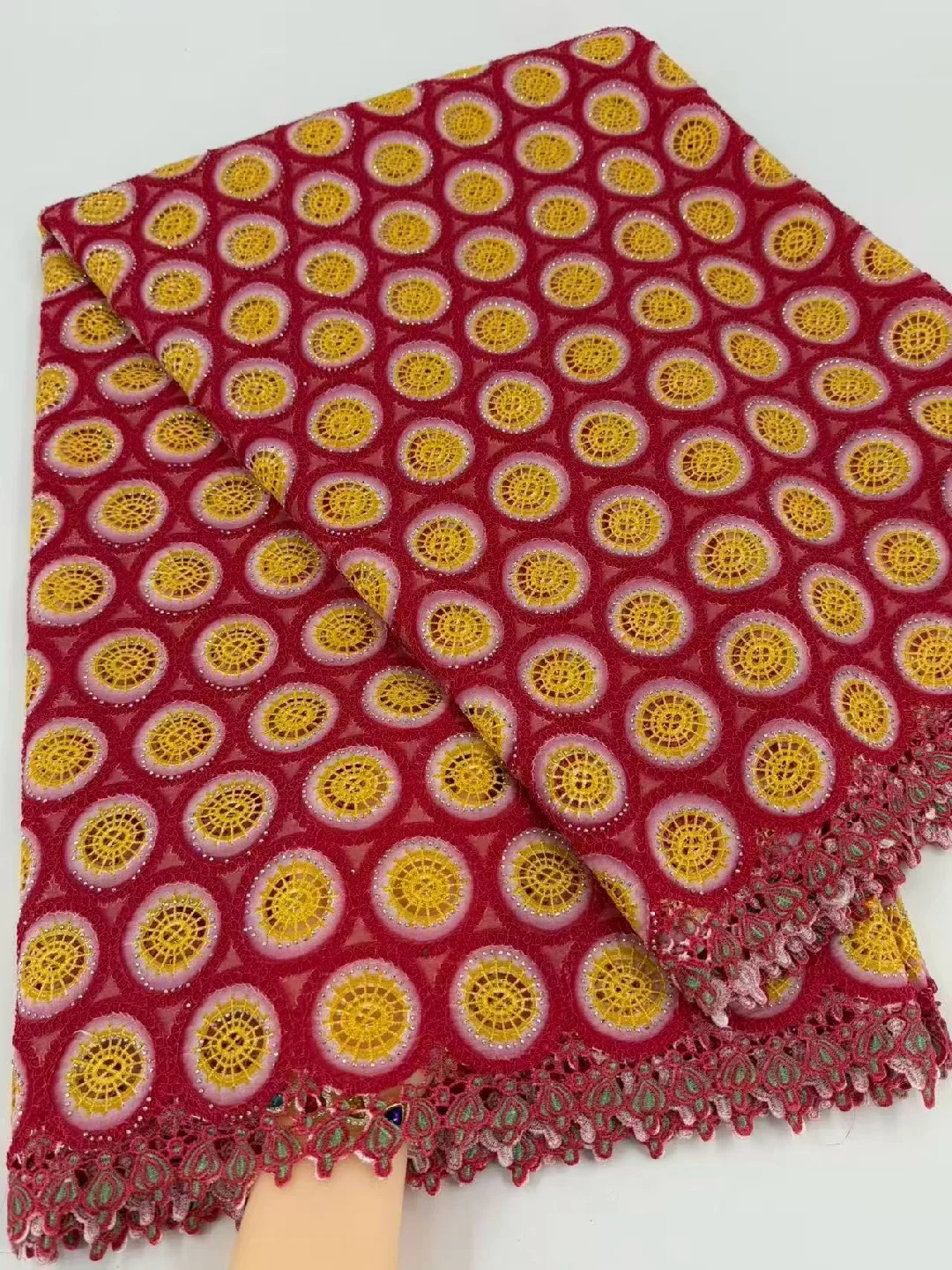 ​Fuchsia Pink Medallion Lace Fabric, Sparkly Circular Embroidery with Scalloped Border for Party Dress DIY 5 Yards AT3244-A1