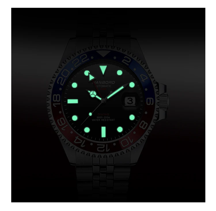 HANBORO Reloj Automático para Hombre 44MM GMT Reloj de Pulsera Mecánico de Lujo Luminoso 50M Lupa Resistente al Agua Fecha