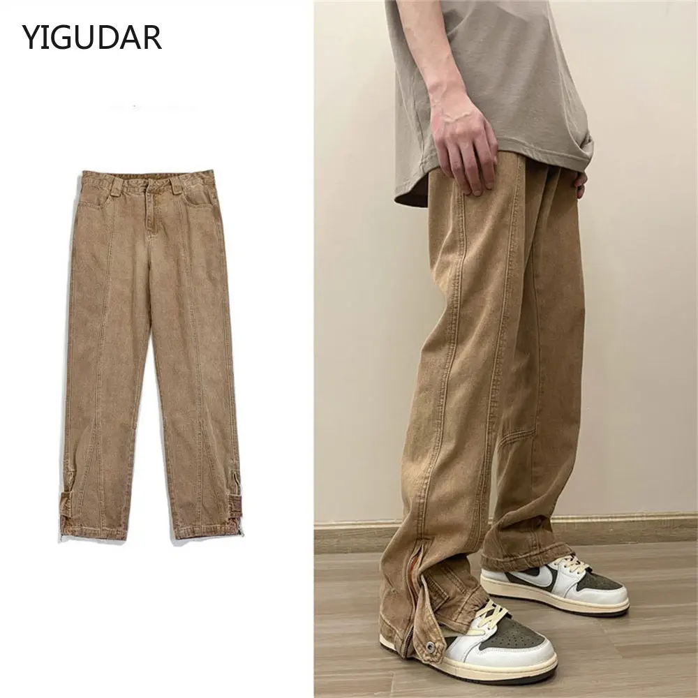 

Korean Men Jeans Straight Male Dark Brown Denim Pants Harajuku Man Streetwear Trousers Loose Casual Denim Trouser Baggy Pant