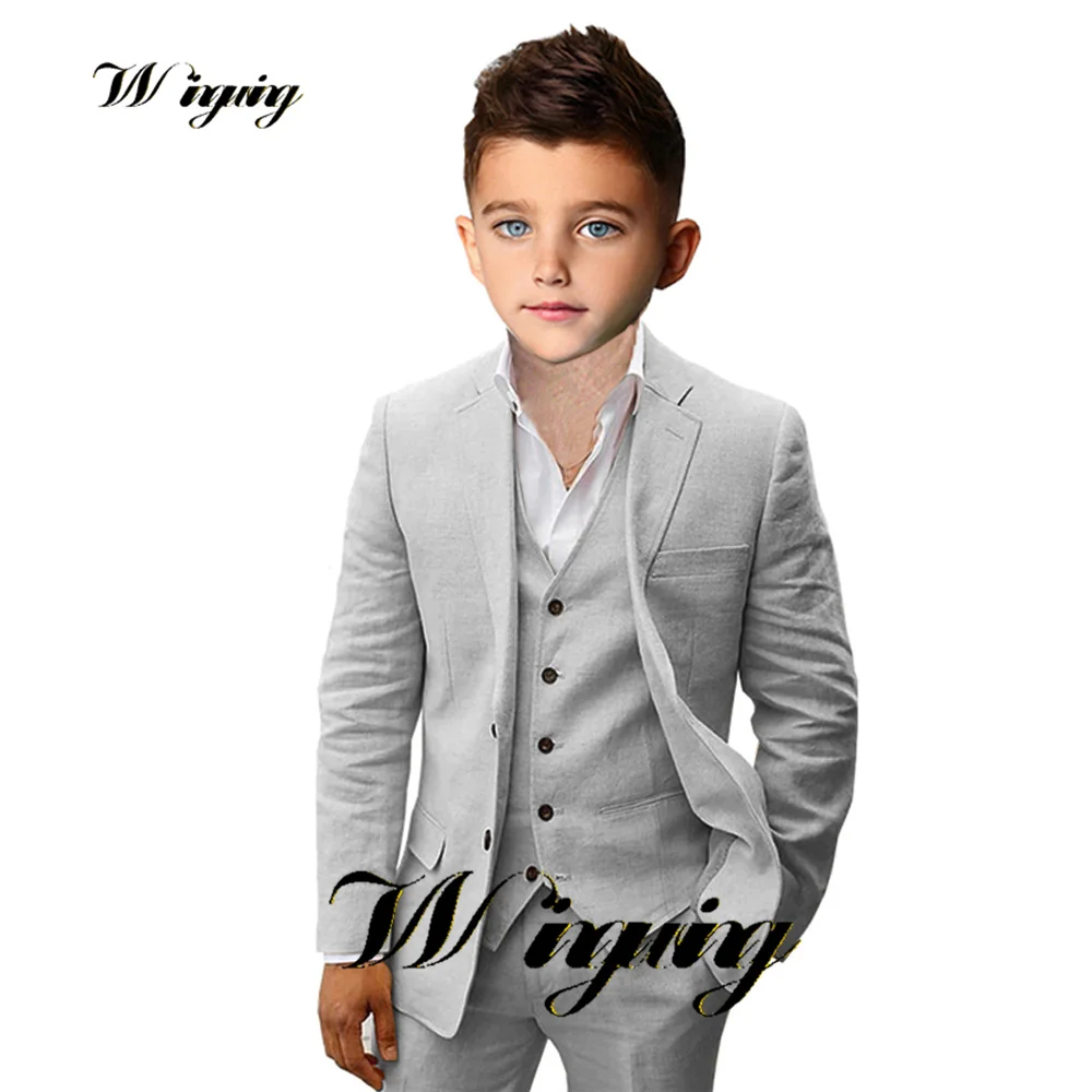 Beige Boys Suit Jacket Pant Vest Linen Suit Kids Wedding Tuxedo Formal Teen Blazer 3 Piece Tailored Clothes