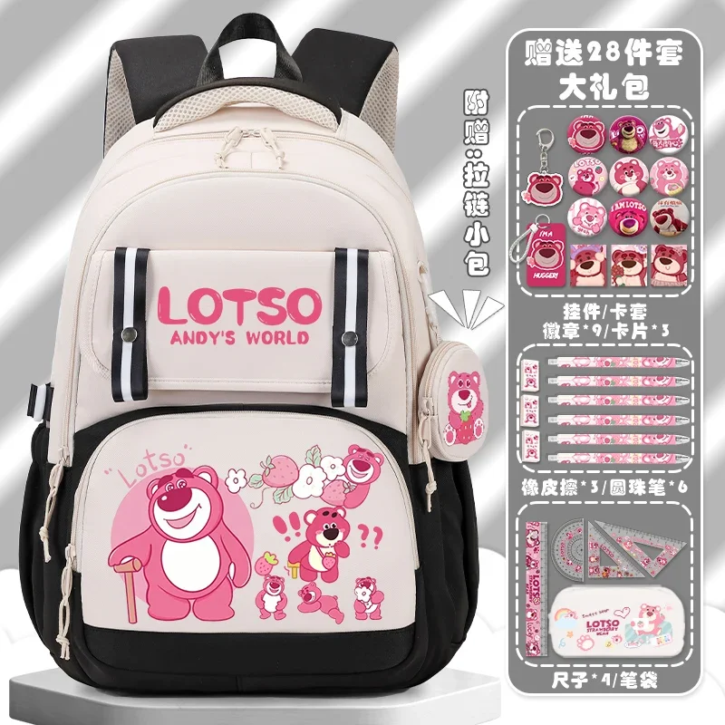 Sanrio Strawberry Bear Student Schoolbag, mochila de grande capacidade dos desenhos animados femininos, mochila macia leve, fofa, nova