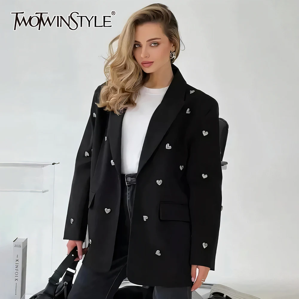 TWOTWINSTYLE Elegant Spliced Heart Blazers For Women Notched Collar Long Sleeve Patchwork Pockets Chic Blazer Female Fashion New