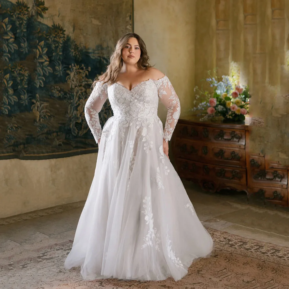

Boho Lace Wedding Dresses For Large Size Sweetheart Long Sleeve A Line Applique Bride Gowns vestido noiva plus Size Customized