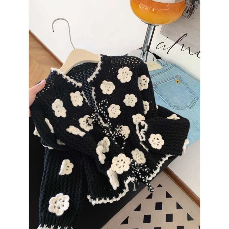 

Retro Color Blo 3D Crochet Hollow out Sweater Jaet Belted Autumn New Arrival Women's Knitted Top Luxury Sle round Ne