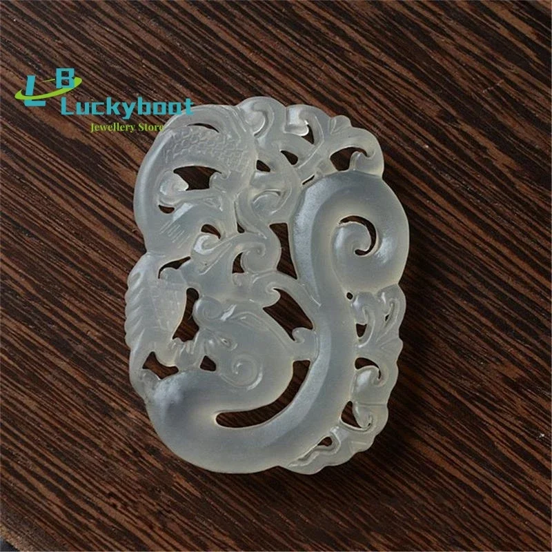 

Натуральный нефритовый кулон Xiu с драконом и фениксом, благословеное настоящее ожерелье ручной работы в стиле ретро с полым драконом Фениксом