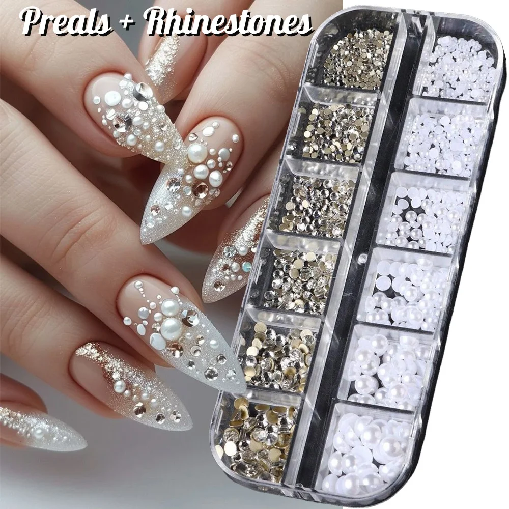 12 Gitter/Box 1,5–4 mm flache Rückseite, Strasssteine für Nagelkunst, DIY-Design, verschiedene Größen, halbrunde Perlen, weißes Maniküre-Zubehör +