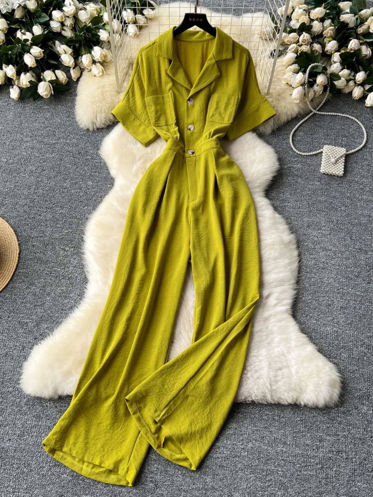 

Summer Chic High Waist ort Sve Pants Women's Single Buttoned Suit Collar Casual Overall Pants Trendy Maturi ...