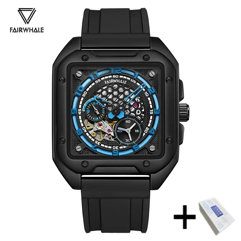 مارك Fairwhale 6370 أزياء العلامة التجارية الرجال التلقائية الميكانيكية ووتش عارضة سيليكون حزام أسود الرياضة سلسلة الساعات للرجل Reloj