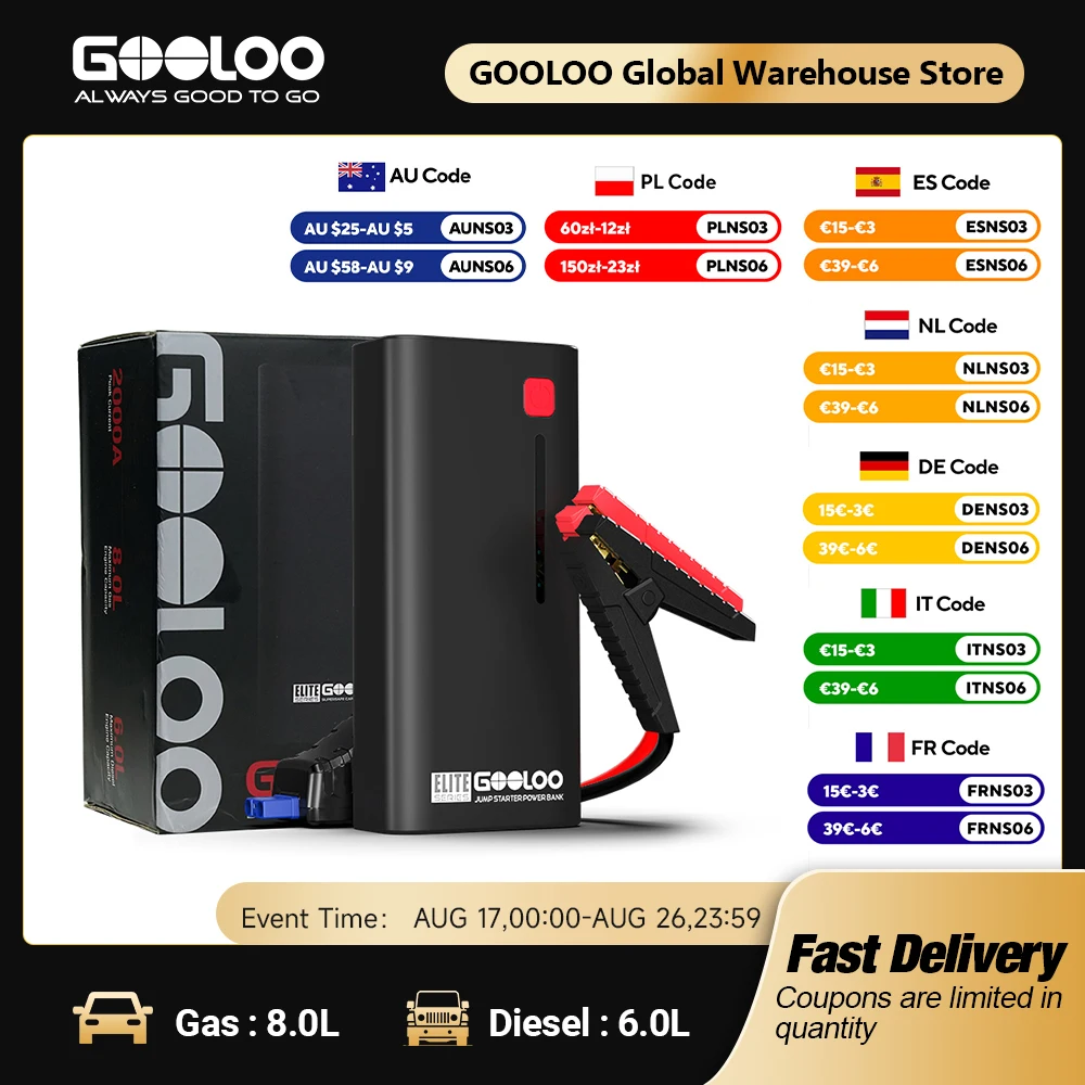 GOOLOO 12V Automotive Car Starting Device 48.84Wh Powerbank External Battery Booster 2000A Super Capacity Motorcycle Jump Start