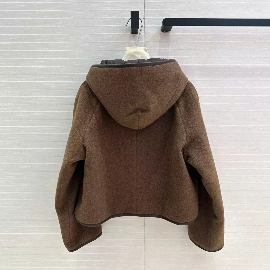 2024 New Fashion Winter Cotton Liner Warm Woolen Coat Women Hooded Leather Buckle Long Sleeve Brown Vintage Loose Chic Jacket