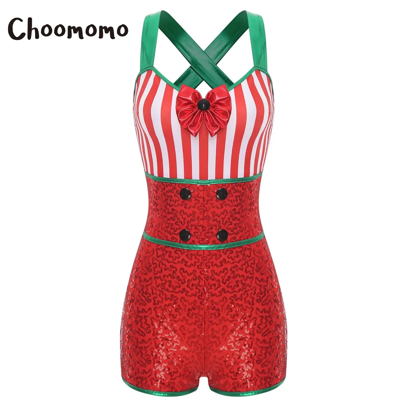 

Women Christmas Dance Costume Xmas Striped Sequin Candy Cane Jumpsuit New Year Santa Claus Ballet Leotard Cami Unitard Bodysuit