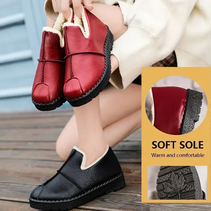 Winter Women\'s Cotton Shoes PU Waterproof Cotton Shoes Padded Warm Work Shoes Thick Bottom Elderly Cotton Boots Shoes