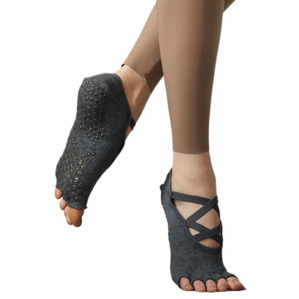 

1 пара противоскользящих носков для йоги с пятью пальцами, эластичные носки для йоги с перекрестным ремешком и пятью пальцами, защита пятки