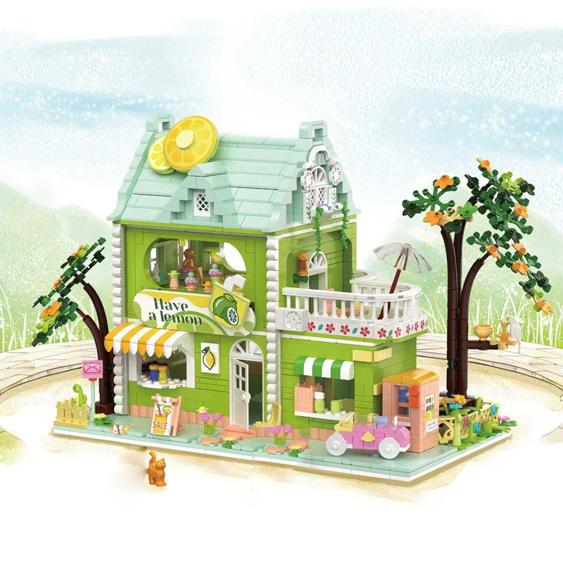 Creative City Street View Mini Block Lemon Lime Tea Drink Shop Model Building Bricks Figures Educational Toys For Kids Gift