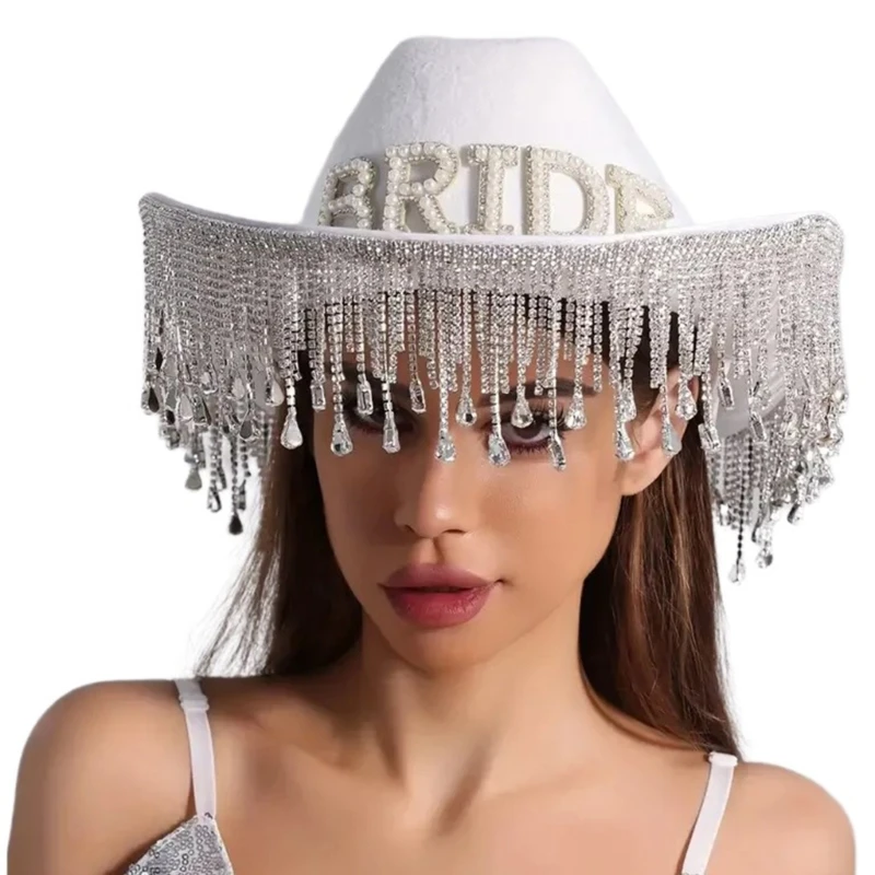 

Bride Hat Hand Beading Blingbling Crystal Tasseled Cowgirl Hat for Engagement DXAA