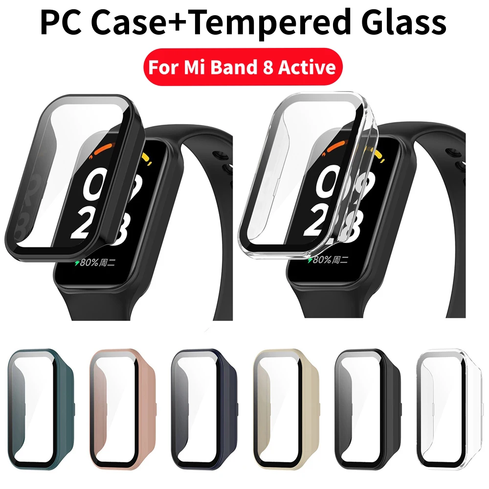 PC Case+Tempered Glass For Xiaomi Mi Band 8 Active Full Cover Screen Protector Smartwatch Bumper For Mi Band8 Mi8 Active Shell