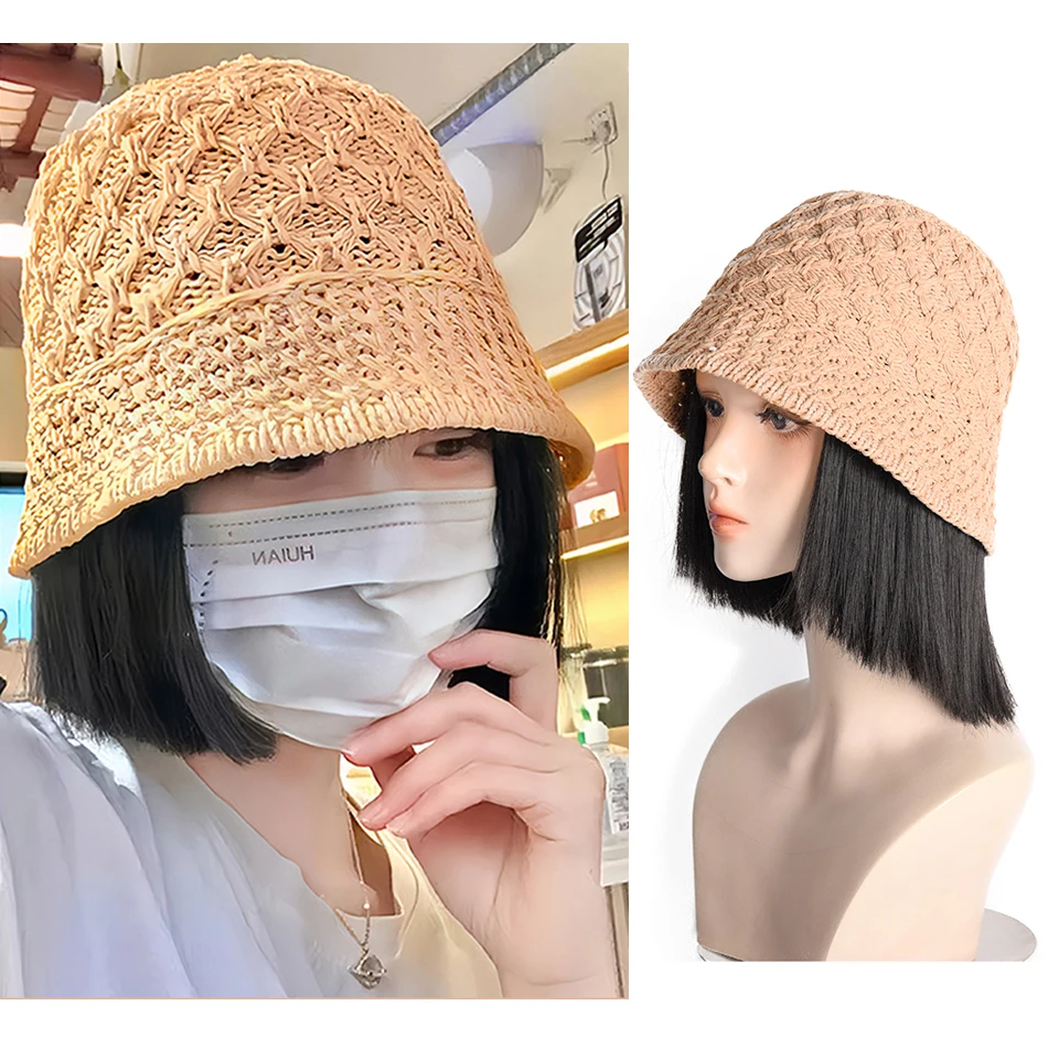 Synthetic Wig Hats Integrated Wig Women's Short Hair Straw Hats Summer Fisherman's Hats Fashion Sun Hats Natural Bobo Headgear